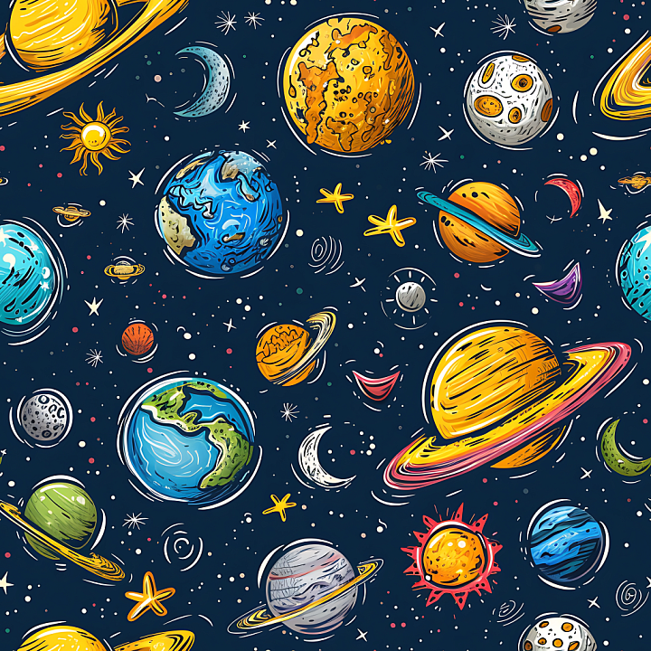 Space of Colorful Hand-Drawn Planets and Stars seamless PBR texture preview