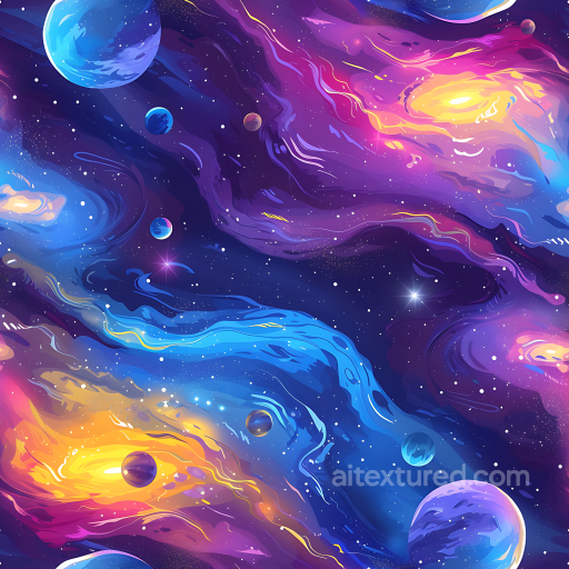 Space Texture with Vibrant Nebula Clouds and Colorful Planets seamless Star, space, planets PBR texture