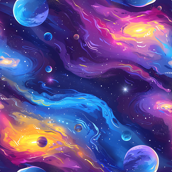 Space with Vibrant Nebula Clouds and Colorful Planets seamless PBR texture preview