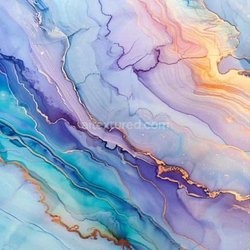 Seamless 3D PBR Alcohol Ink Texture with Pastel Teal, Lavender, and Gold Fluid Waves