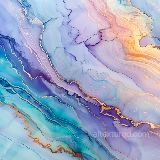 Alcohol Ink Texture with Pastel Teal, Lavender, and Gold Fluid Waves seamless Alcohol ink PBR texture