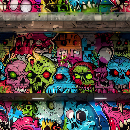 Seamless 3D PBR Graffiti Texture Featuring Colorful Skull Street Art on Urban Wall