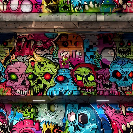 Seamless 3D PBR Graffiti Texture Featuring Colorful Skull Street Art on Urban Wall texture preview