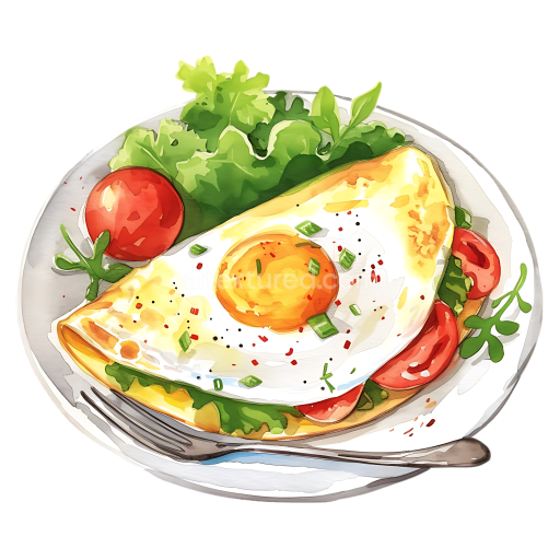 Watercolor Style Egg White Omelet Breakfast with Fresh Greens and Tomato