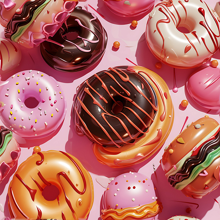 Inflated of Colorful Vinyl Donuts and Burgers seamless PBR texture preview