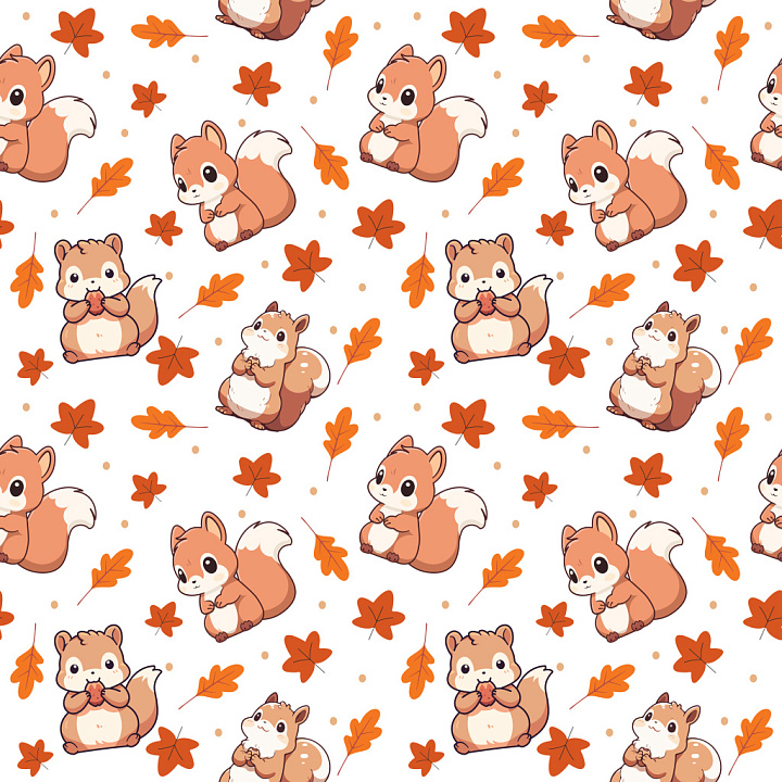Pattern Featuring Cute Cartoon Squirrels and Autumn Leaves seamless PBR texture preview