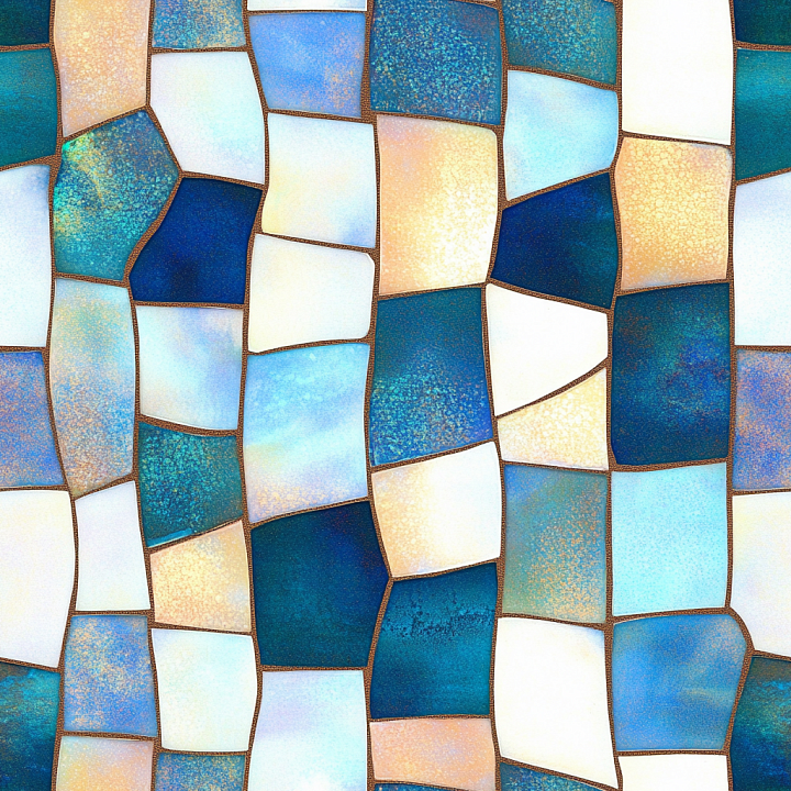 Mosaic Featuring Irregular Blue Ceramic and Stone Tiles with Warm Grout seamless PBR texture preview