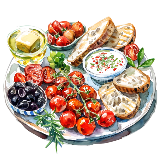 Mediterranean Breakfast Platter with Cherry Tomatoes, Olives, Bread & Cheese Illustration