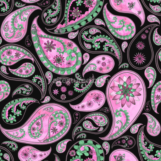 Seamless 3D PBR Retro Paisley Fabric Texture with Pink and Green Floral Motifs