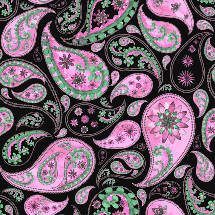 Retro Paisley Fabric with Pink and Green Floral Motifs seamless PBR texture preview
