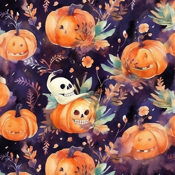 Watercolor Halloween with Pumpkins and Skulls seamless PBR texture preview
