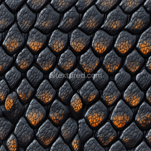 Seamless 3D Skin PBR Texture Featuring Dark Reptilian Scales with Orange Accents