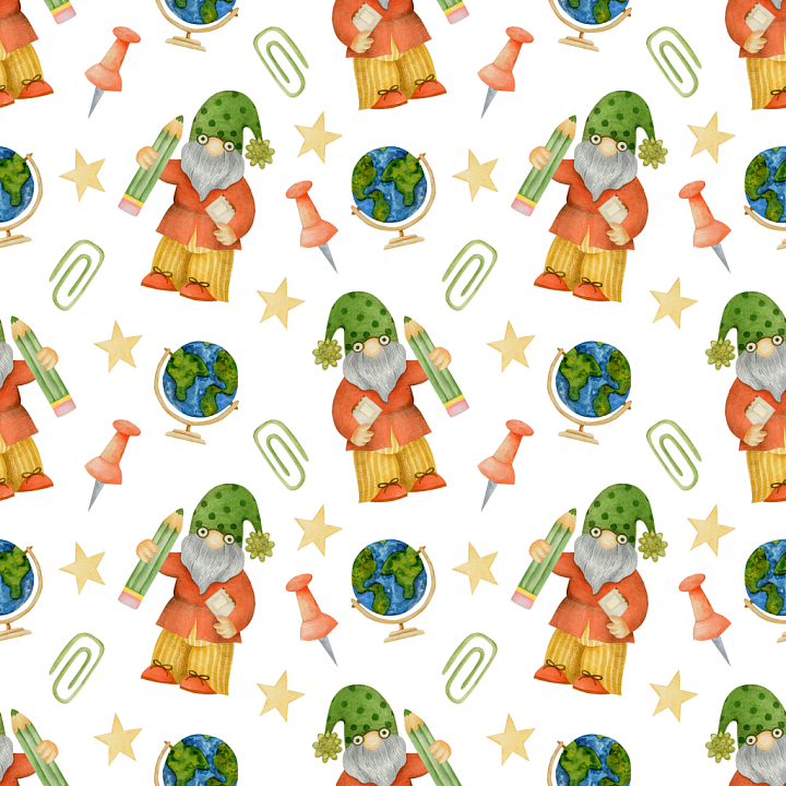 with Whimsical Gnome and School Icons Pattern seamless PBR texture preview