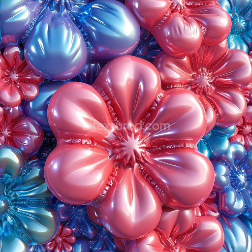 Seamless 3D Inflated Vinyl Panel PBR Texture with Shiny Pink & Blue Floral Shapes