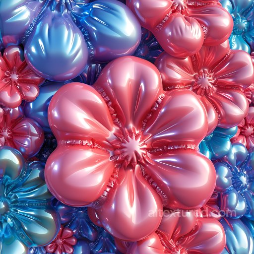Inflated Vinyl Panel PBR Texture with Shiny Pink & Blue Floral Shapes seamless Inflated PBR texture