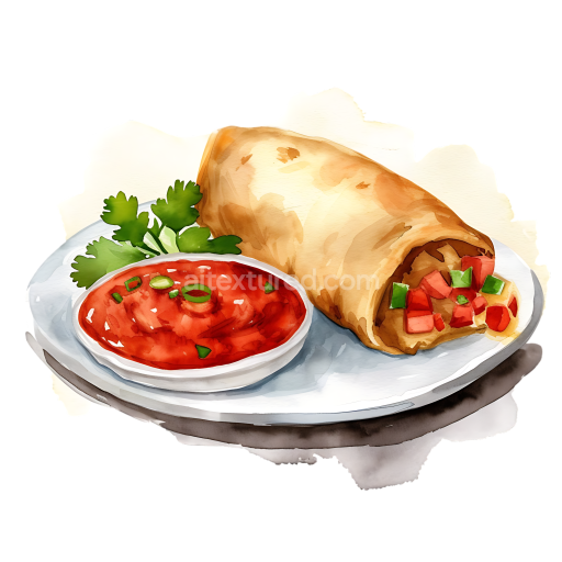Watercolor Style Homemade Breakfast Burrito with Salsa and Cilantro