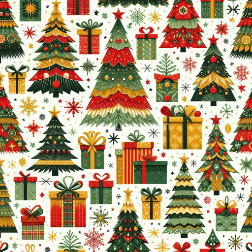 Seamless 3D PBR texture of colorful Christmas trees and gift boxes digital paper