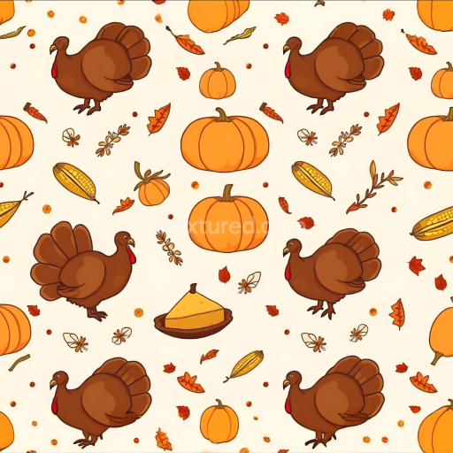 Seamless 3D PBR Texture Featuring Illustrated Turkeys and Autumn Symbols