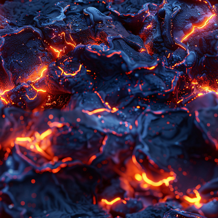 Glossy Dark Volcanic Rock with Glowing Lava Veins seamless PBR texture preview