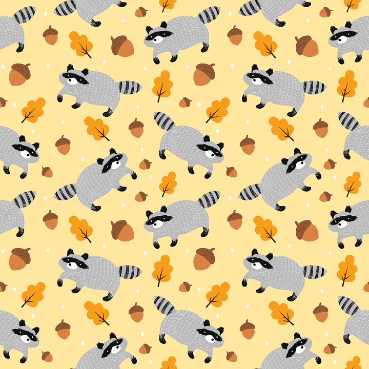 Pattern with Playful Raccoon Motifs and Autumn Leaves seamless PBR texture preview