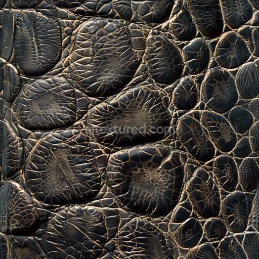 Seamless 3D PBR textured black crocodile leather with embossed scales and natural cracks
