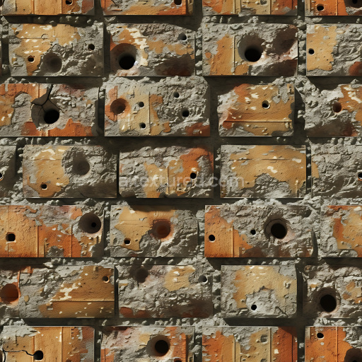 Seamless 3D Cracked and Holed Concrete Block PBR Texture with Worn Rust Brown Surface