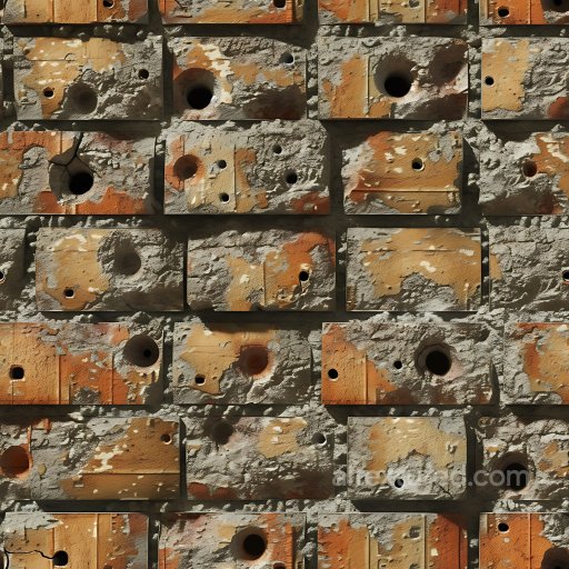 Cracked and Holed Concrete Block PBR Texture with Worn Rust Brown Surface seamless Cracked & Holes PBR texture