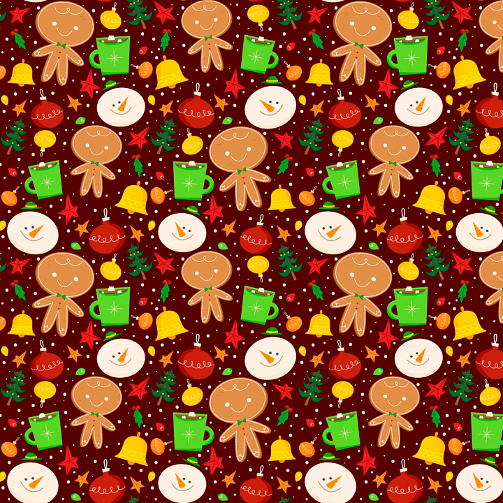 Featuring Cartoon Christmas Icons on Red Background seamless PBR texture preview