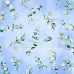 seamless Seamless 3D PBR Watercolor Greenery Fabric Texture with Soft Blue Background and Leaf Motifs texture 8k free download PBR