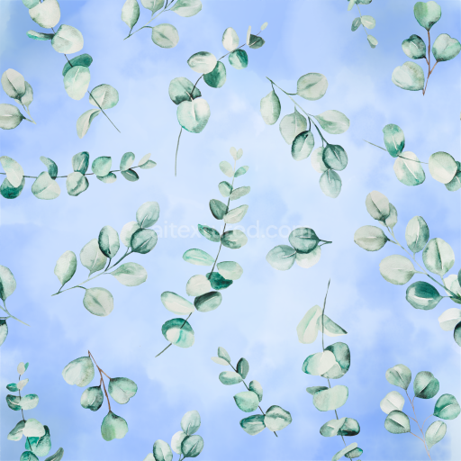 Seamless 3D PBR Watercolor Greenery Fabric Texture with Soft Blue Background and Leaf Motifs