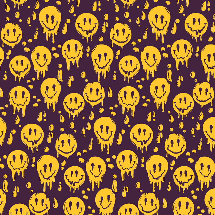 Dripping Paint Happy Face Pattern in Yellow & Purple seamless PBR texture preview