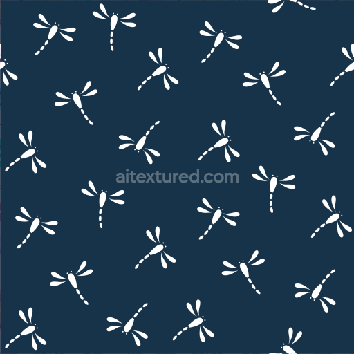 Seamless 3D PBR Textile Texture Featuring White Dragonfly Pattern on Dark Blue Background