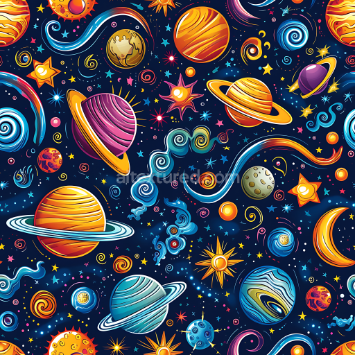 Seamless 3D Space PBR Texture with Cartoon-Style Planets and Stars