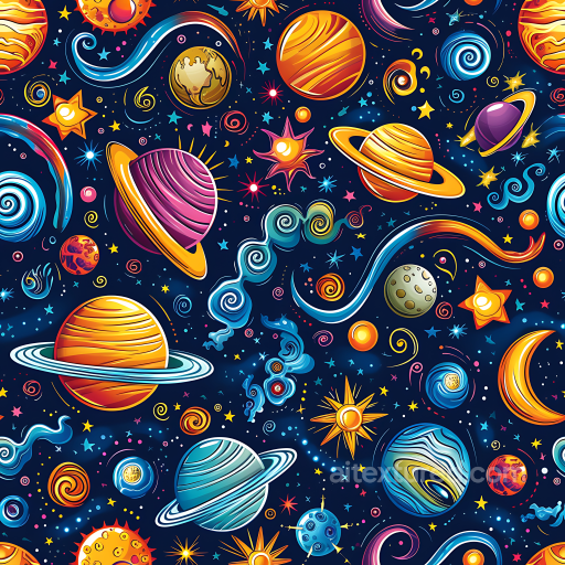Space PBR Texture with Cartoon-Style Planets and Stars seamless Star, space, planets PBR texture