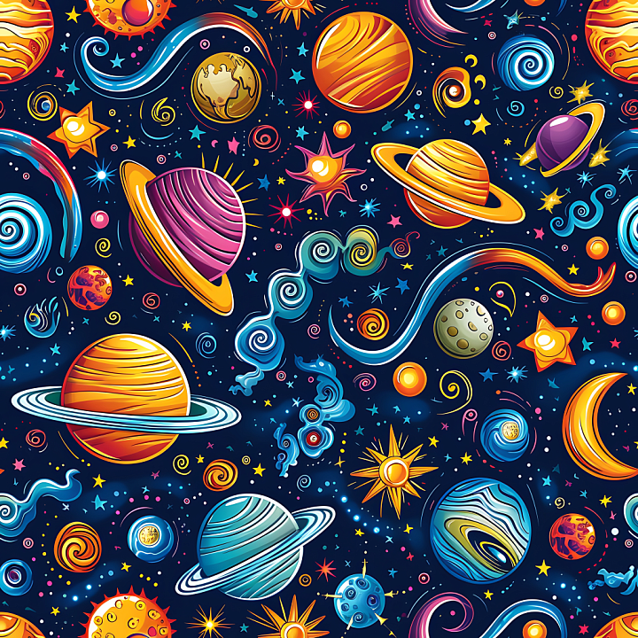 Space with Cartoon-Style Planets and Stars seamless PBR texture preview