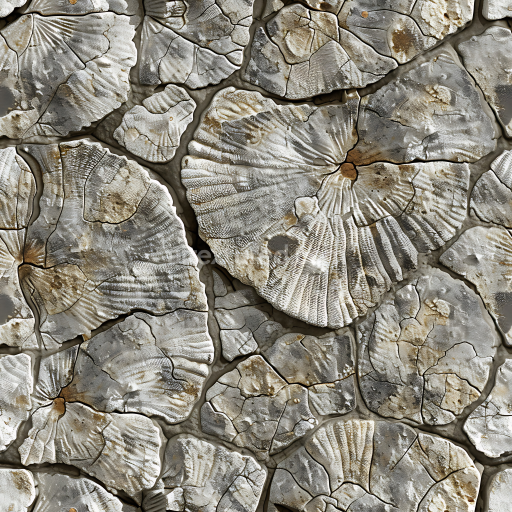 Seamless 3D PBR Texture of Fossil-Rich Weathered Stone Wall in Neutral Tones