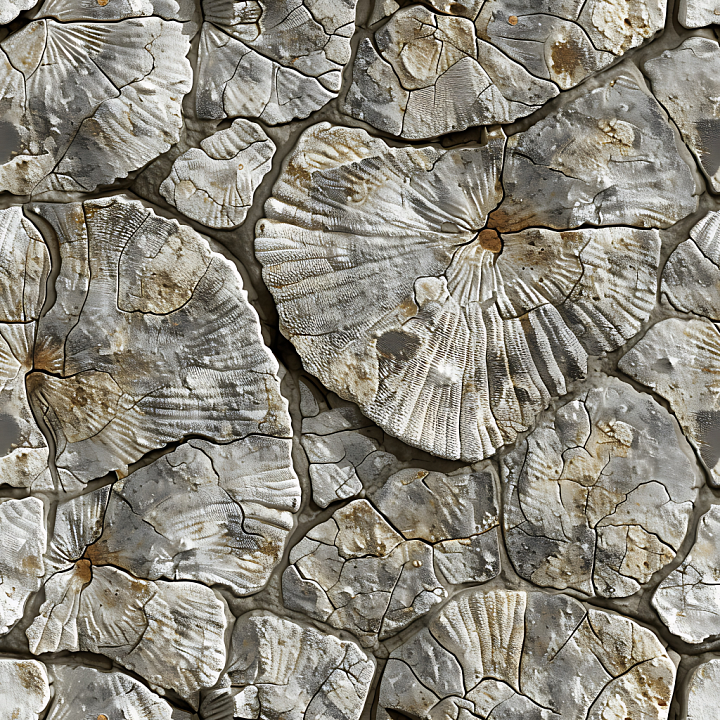 Fossil-Rich Weathered Stone Wall in Neutral Tones seamless PBR texture preview