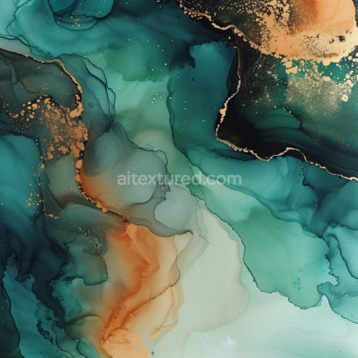 Seamless 3D Alcohol Ink PBR Texture Featuring Teal Fluid Waves and Copper Veins