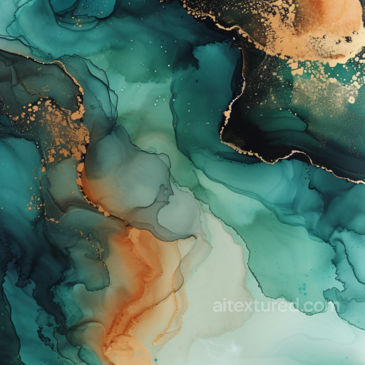 Alcohol Ink PBR Texture Featuring Teal Fluid Waves and Copper Veins seamless Alcohol ink PBR texture