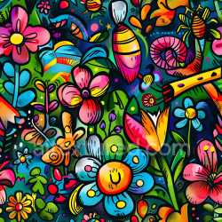 seamless Seamless 3D PBR Texture of Colorful Floral Graffiti Mural with Cartoon Style texture 8k free download PBR