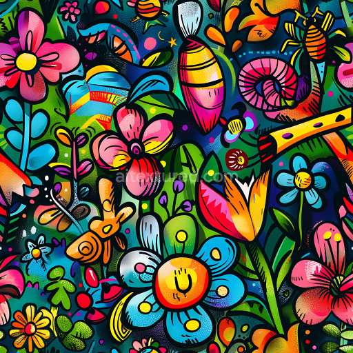 Seamless 3D PBR Texture of Colorful Floral Graffiti Mural with Cartoon Style