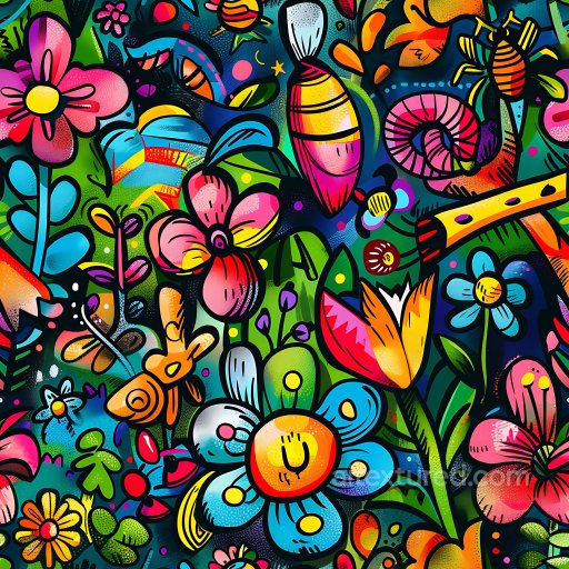 Seamless 3D PBR Texture of Colorful Floral Graffiti Mural with Cartoon Style texture preview