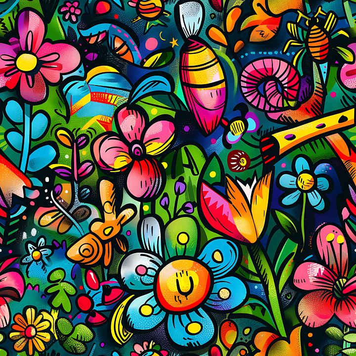 Colorful Floral Graffiti Mural with Cartoon Style seamless PBR texture preview