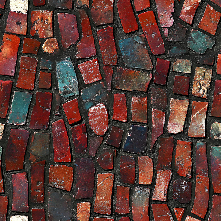 Cracked Red Brick Wall with Multi-Colored Broken Tiles seamless PBR texture preview