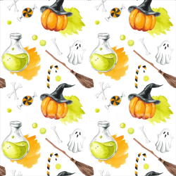 seamless Seamless 3D PBR Watercolor Halloween Texture with Pumpkins, Ghosts, and Potions texture 8k free download PBR