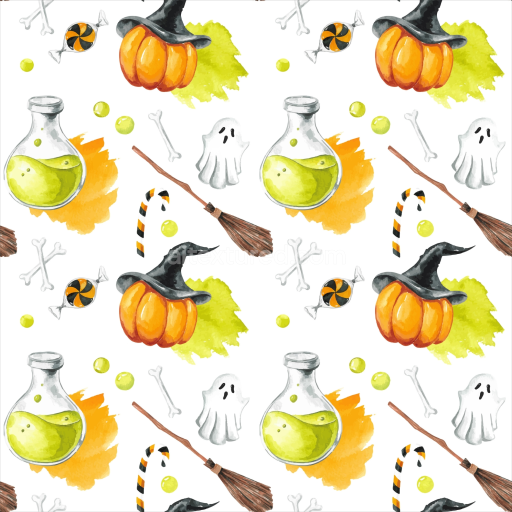 Seamless 3D PBR Watercolor Halloween Texture with Pumpkins, Ghosts, and Potions