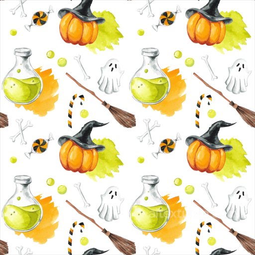 Watercolor Halloween Texture with Pumpkins, Ghosts, and Potions seamless Watercolor Halloween PBR texture