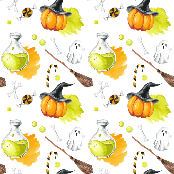 Watercolor Halloween with Pumpkins, Ghosts, and Potions seamless PBR texture preview