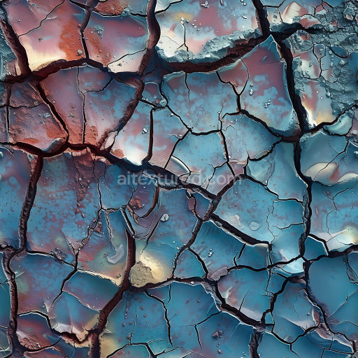 Seamless 3D Cracked Dry Mud PBR Texture with Multicolor Reflective Patches and Deep Fissures