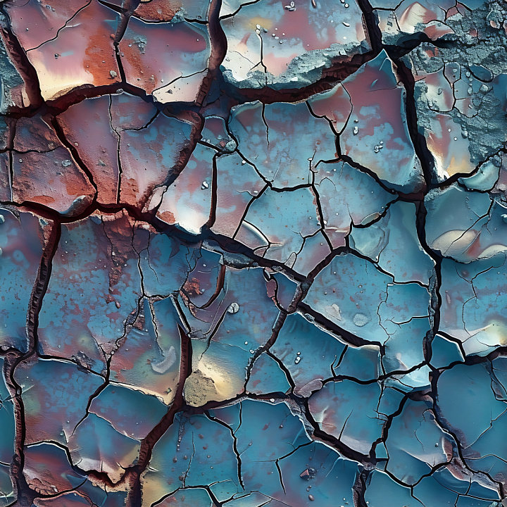 Cracked Dry Mud with Multicolor Reflective Patches and Deep Fissures seamless PBR texture preview